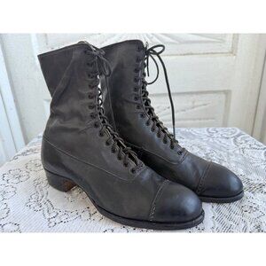 Antique 1910s Edwardian Womens Black Leather High Lace Up Boots sz-4-5